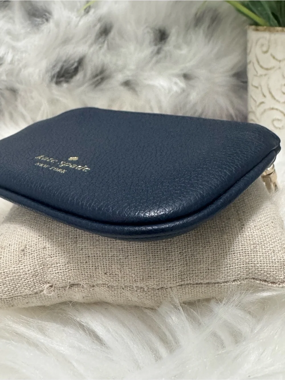 Kate Spade ♠️ Zip Coin Purse Pouch Navy Pebbled Leather Gold Hardware